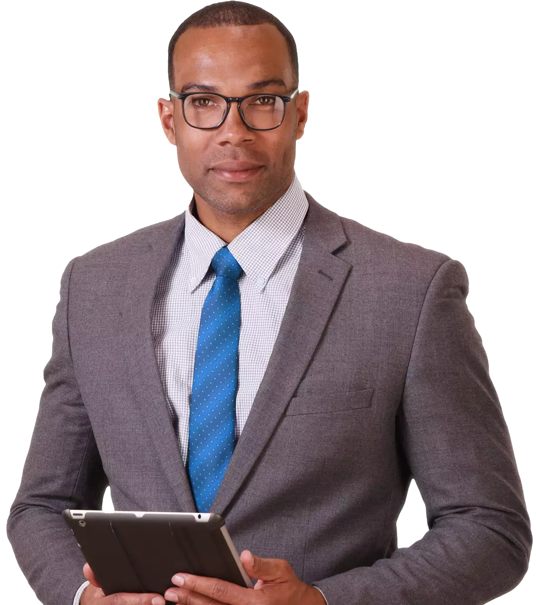 Man in suit using tablet, Form Simplicity for real estate brokers