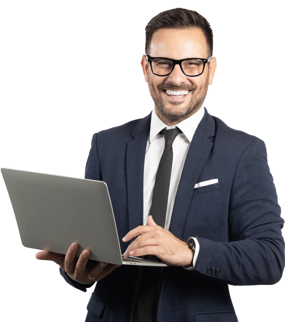 Smiling man holding laptop