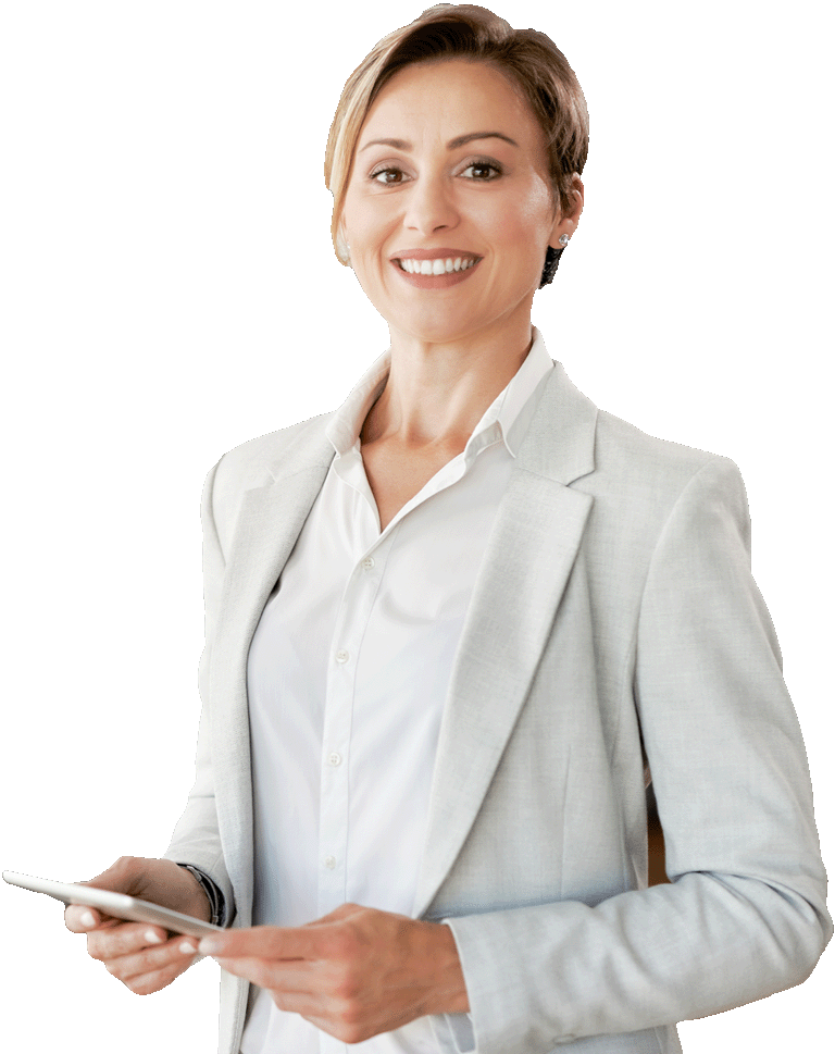 Woman smiling and holding tablet, Form Simplicity